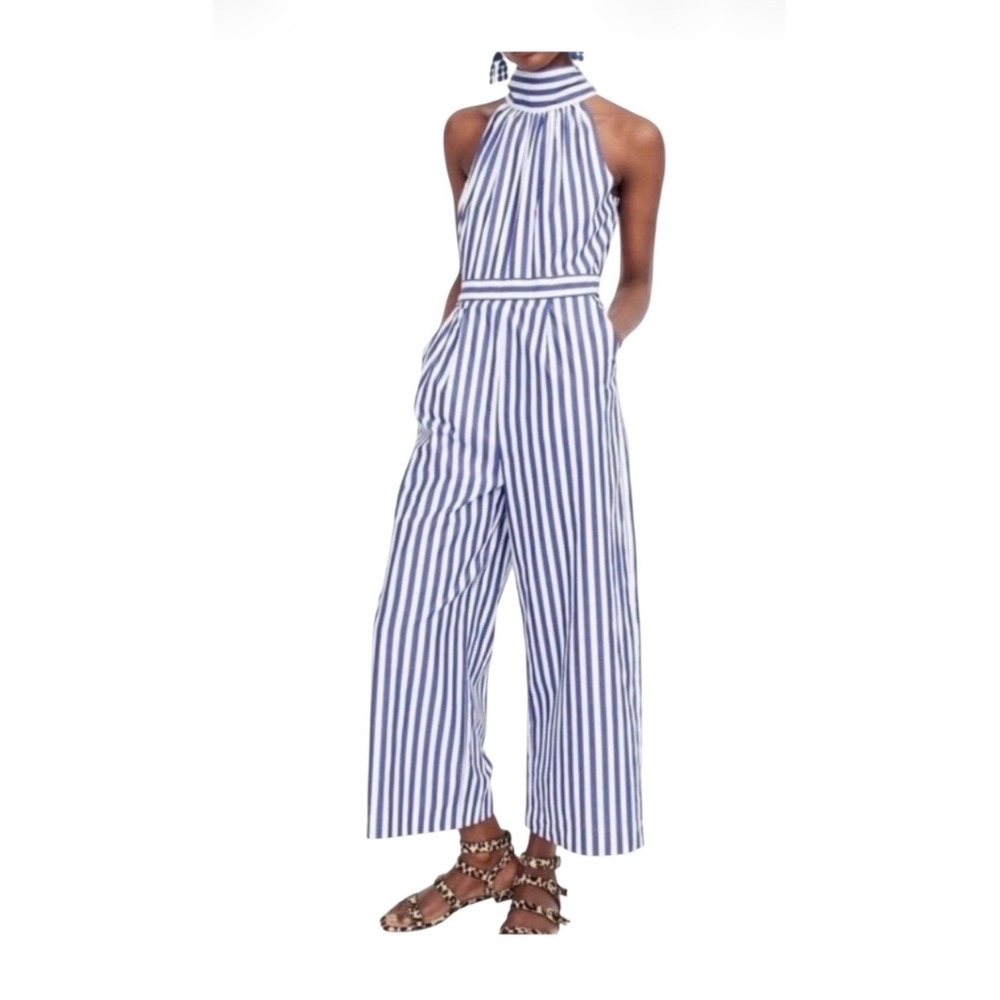 J.Crew Striped Halter Neck Jumpsuit Women 0 Blue White Cotton NWT